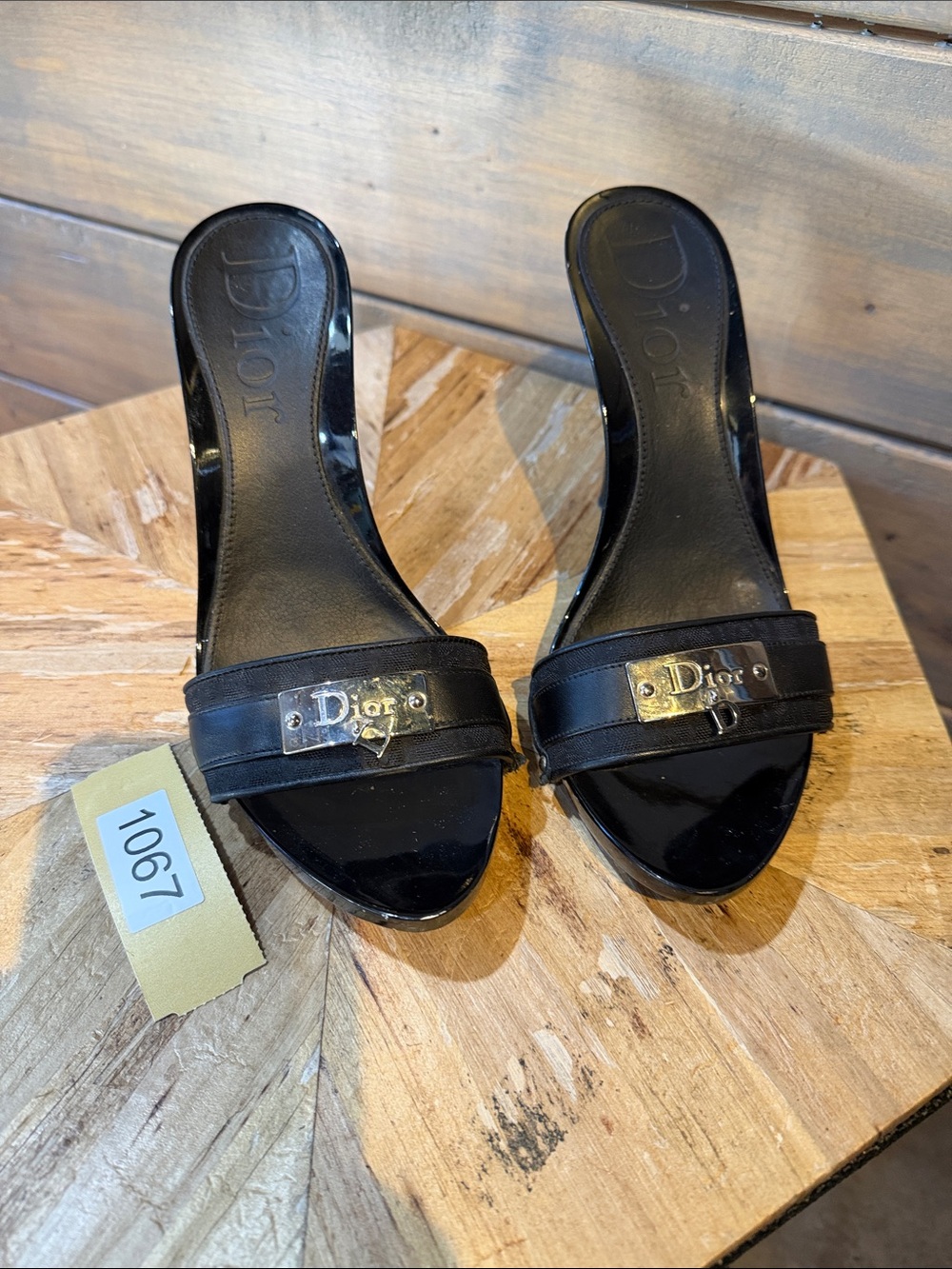 Dior Black Patent Slide Mules with Gold Logo Plaque